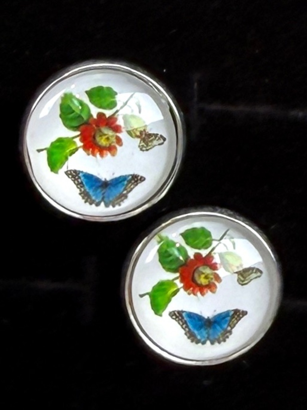 Vintage Butterfly Floral Round Pierced Earrings Silver Tone